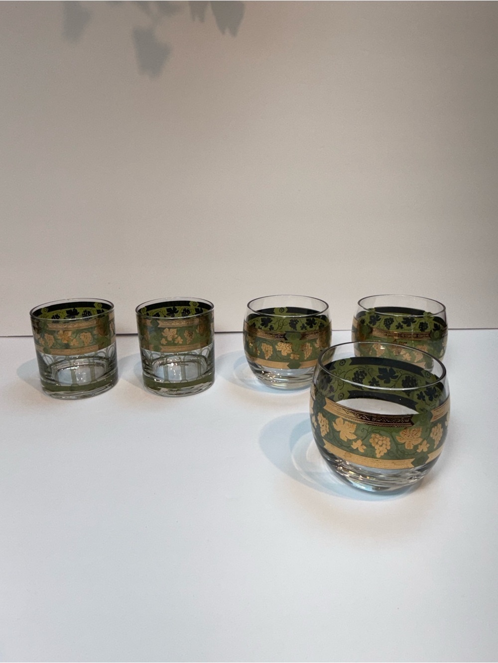 Vintage Green Cera Glass Golden Grapes  Barware Set of 5- MCM